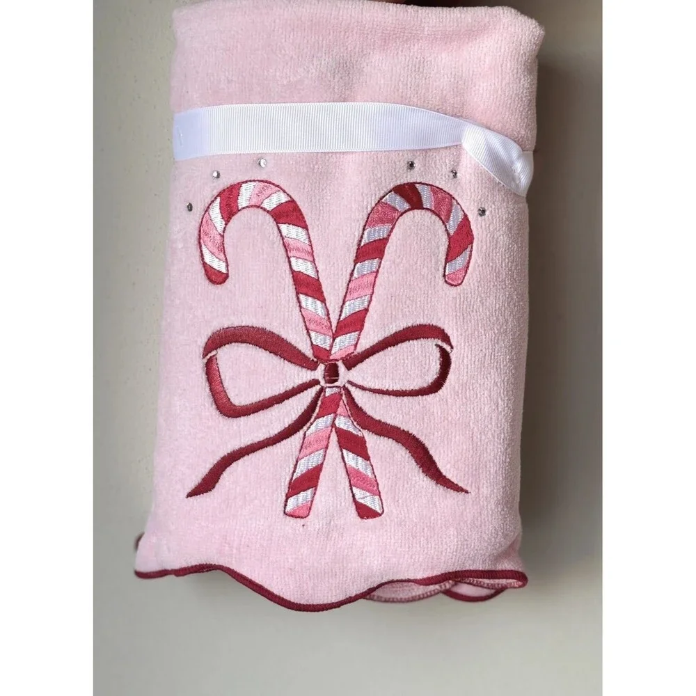 Set of 2 Kassatex Cotton Hand Towels Pink Christmas Candy Cane w Bow Rhinestone